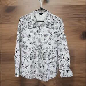 Talbots Button-up Blouse Women's Medium Bird Flower Print‎ 100% Cotton White/Blk